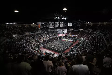 STARKVILLE, MS - May 12, 2022 - Wide photo during a spring commencement ceremony at the Humphrey Coliseum at Mississippi State University in Starkville, MS. Photo By Mike Mattina