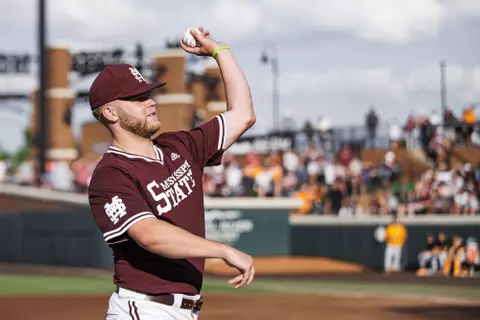 STARKVILLE, MS - May 20, 2022 - Mississippi State Pitcher Landon Sims (#23) throwing out the first pitch before the game between the Tennessee Volunteers and the Mississippi State Bulldogs at Dudy Noble Field at Polk-Dement Stadium in Starkville, MS. Photo By Sloane Bush