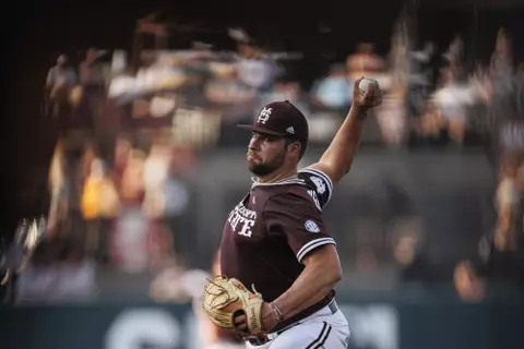 STARKVILLE, MS - May 20, 2022 - Mississippi State Pitcher Preston Johnson (#35) during the game between the Tennessee Volunteers and the Mississippi State Bulldogs at Dudy Noble Field at Polk-Dement Stadium in Starkville, MS. Photo By Mike Mattina