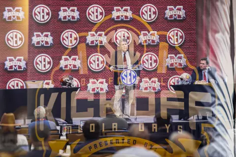 ATLANTA, GA - July 19, 2022 - Mississippi State Head Coach Mike Leach during SEC Media Days at the College Football Hall of Fame in Atlanta, GA. Photo By Kevin Snyder