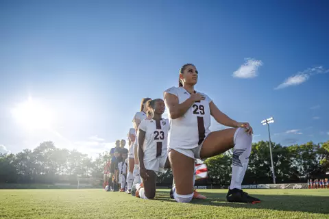 STARKVILLE, MS - August 11, 2022 - Mississippi State Midfielder Hannah Telleysh (#29) before the match between the Samford Bulldogs and the Mississippi State Bulldogs at the MSU Soccer Field in Starkville, MS. Photo By Mike Mattina