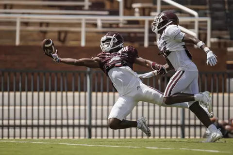 STARKVILLE, MS - August 20, 2022 - Mississippi State Wide Receiver Jordan Mosley (#8) during the second fall scrimmage at the Davis Wade Stadium at Scott Field in Starkville, MS. Photo By Mike Mattina
