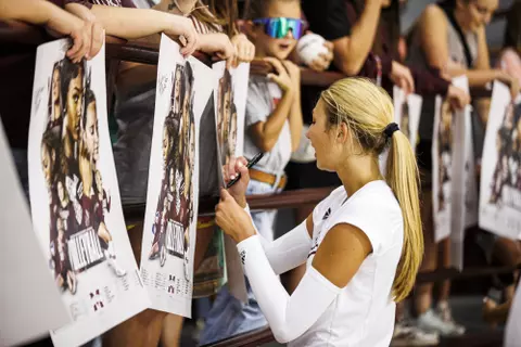 STARKVILLE, MS - August 20, 2022 - Mississippi State Middle Blocker Rebecca Walk (#7) after the exhibition match between the Louisiana Ragin’ Cajuns and the Mississippi State Bulldogs at the Newell-Grissom Building in Starkville, MS. Photo By Kevin Snyder