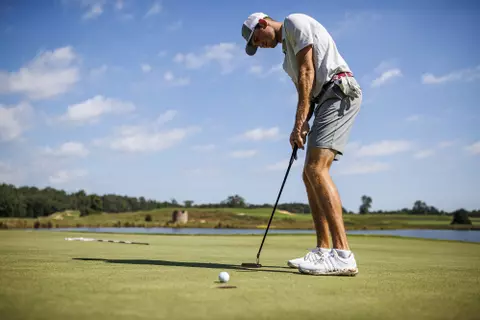 WEST POINT, MS - August 31, 2022 - Mississippi State's Ford Clegg during a practice round at Mossy Oak Golf Club in West Point, MS. Photo By Kevin Snyder