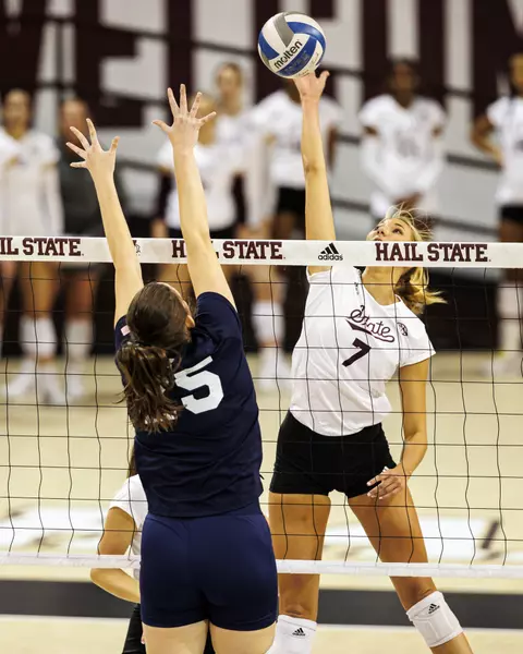 STARKVILLE, MS - September 10, 2022 - Mississippi State Middle Blocker Rebecca Walk (#7) during the match between the South Alabama Jaguars and the Mississippi State Bulldogs at the Newell-Grissom Building in Starkville, MS. Photo By Ivy Ball