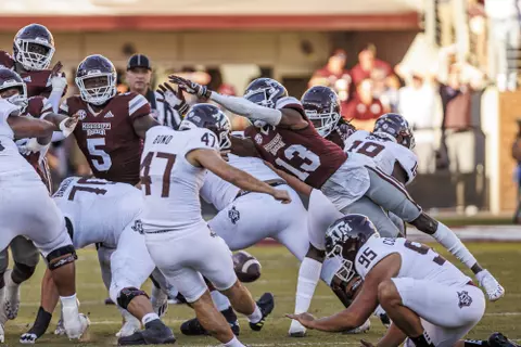 STARKVILLE, MS - October 01, 2022 - Mississippi State Defensive Back Emmanuel Forbes (#13) blocks a field goal during the game between the Texas A&M Aggies and the Mississippi State Bulldogs at Davis Wade Stadium at Scott Field in Starkville, MS. Photo By Kevin Snyder