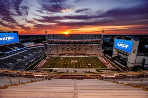 STARKVILLE, MS - October 08, 2022 - Sunrise before the Homecoming game between the Arkansas Razorbacks and the Mississippi State Bulldogs at Davis Wade Stadium at Scott Field in Starkville, MS. Photo By Kevin Snyder