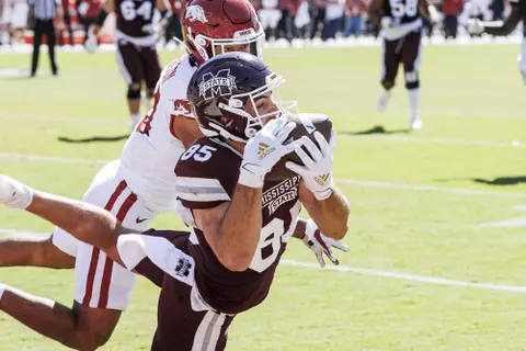 STARKVILLE, MS - October 08, 2022 - Mississippi State Wide Receiver Austin Williams (#85) during the Homecoming game between the Arkansas Razorbacks and the Mississippi State Bulldogs at Davis Wade Stadium at Scott Field in Starkville, MS. Photo By Kevin Snyder
