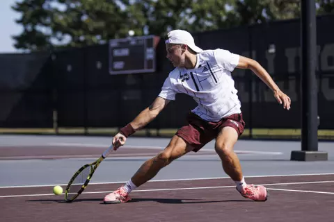 STARKVILLE, MS - October 10, 2022 - Mississippi State's Ewen Lumsden during practice at the AJ Pitts Tennis Centre in Starkville, MS. Photo By Mike Mattina