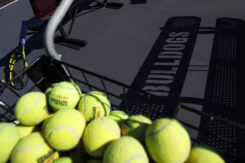 STARKVILLE, MS - October 10, 2022 - The Mississippi State Bulldogs tennis balls during practice at the AJ Pitts Tennis Centre in Starkville, MS. Photo By Mike Mattina