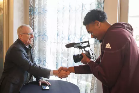 BIRMINGHAM, AL - October 19, 2022 - SEC Commissioner Greg Sankey and Mississippi State Forward Tolu Smith (#1) during the 2022 SEC Men’s Basketball Media Day at the Grand Bohemian Hotel in Birmingham, AL. Photo By Mike Mattina