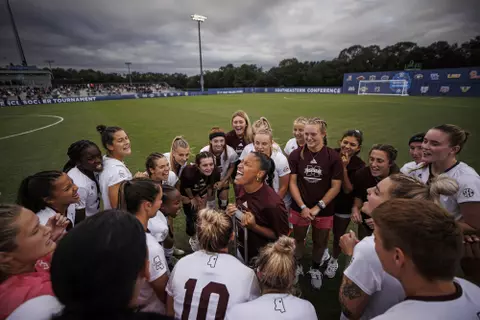 PENSACOLA, FL - October 30, 2022 - Mississippi State Defender Andrea Tyrrell (#3) during the SEC Tournament match between the Texas A&M Aggies and the Mississippi State Bulldogs at the Ashton Brosnaham Soccer Complex in Pensacola, FL.. Photo By Mike Mattina