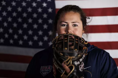 STARKVILLE, MS - November 09, 2022 - Mississippi State Student Assistant Coach and Team USA Catcher Mia Davidson-Smith during Team USA Photoshoot taken at the Holliman Athletic Center at Mississippi State University in Starkville, MS. Photo By Mike Mattina