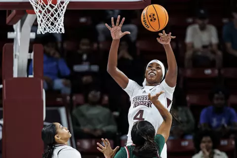 STARKVILLE, MS - November 09, 2022 - Mississippi State Forward/Center Jessika Carter (#4) during the game between the Mississippi Valley State Delta Devils and the Mississippi State Bulldogs at Humphrey Coliseum in Starkville, MS. Photo By Mike Mattina