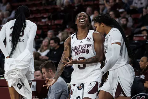 STARKVILLE, MS - November 09, 2022 - Mississippi State Guard Asianae Johnson (#3) reacts during the game between the Mississippi Valley State Delta Devils and the Mississippi State Bulldogs at Humphrey Coliseum in Starkville, MS. Photo By Mike Mattina