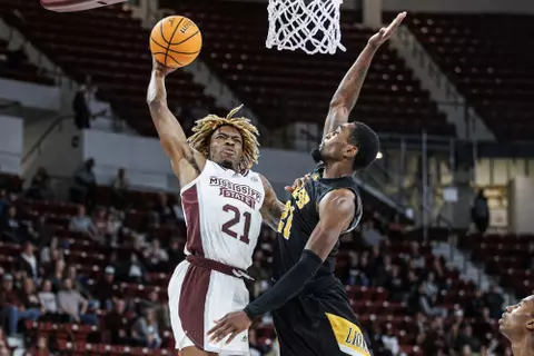 STARKVILLE, MS - November 13, 2022 - Mississippi State Guard Martavious Russell (#21) during the game between the Arkansas-Pine Bluff Golden Lions and the Mississippi State Bulldogs at Humphrey Coliseum in Starkville, MS. Photo By Kevin Snyder