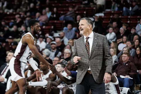 STARKVILLE, MS - November 17, 2022 - Mississippi State Head Coach Chris Jans during the game between the South Dakota Coyotes and the Mississippi State Bulldogs at Humphrey Coliseum in Starkville, MS. Photo By Mike Mattina