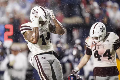 OXFORD, MS - November 24, 2022 - Mississippi State Linebacker Nathaniel "Bookie" Watson (#14) reacts during the Battle for the Golden Egg between the Mississippi State Bulldogs and the Ole Miss Rebels at Vaught Hemingway Stadium in Oxford, MS. Photo By Mike Mattina