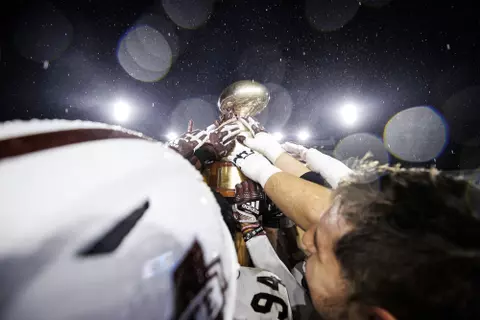 OXFORD, MS - November 24, 2022 - The Golden Egg Trophy after the Battle for the Golden Egg between the Mississippi State Bulldogs and the Ole Miss Rebels at Vaught Hemingway Stadium in Oxford, MS. Photo By Kevin Snyder