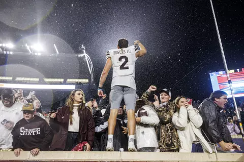 OXFORD, MS - November 24, 2022 - Mississippi State Quarterback Will Rogers (#2) after the Battle for the Golden Egg between the Mississippi State Bulldogs and the Ole Miss Rebels at Vaught Hemingway Stadium in Oxford, MS. Photo By Kevin Snyder