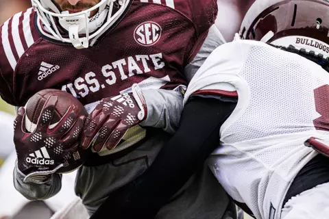 STARKVILLE, MS - December 10, 2022 - Football in the hands of Mississippi State Wide Receiver Austin Williams (#85) during bowl practice at the Leo Seal Jr. Football Complex at Mississippi State University in Starkville, MS. Photo By Kevin Snyder