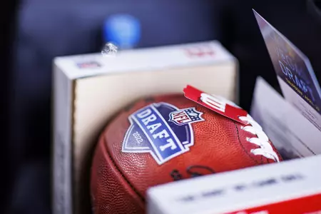 LAS VEGAS, NV - April 28, 2022 - An NFL Draft logo ball before the 2022 NFL Draft at Caesars Forum in Las Vegas, NV. Photo By Austin Perryman