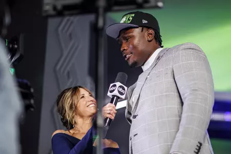 LAS VEGAS, NV - April 28, 2022 - Mississippi State Offensive Lineman Charles Cross during an ABC tv interview after being drafted 9th overall in the 2022 NFL Draft at Caesars Forum in Las Vegas, NV. Photo By Austin Perryman