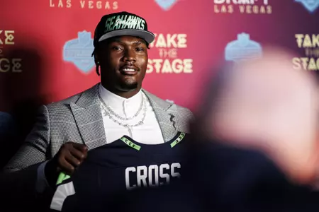 LAS VEGAS, NV - April 28, 2022 - Mississippi State Offensive Lineman Charles Cross participates in a media car wash after being drafted 9th overall in the 2022 NFL Draft at Caesars Forum in Las Vegas, NV. Photo By Austin Perryman