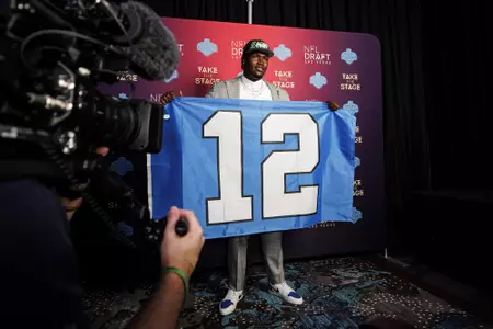 LAS VEGAS, NV - April 28, 2022 - Mississippi State Offensive Lineman Charles Cross participates in a media car wash after being drafted 9th overall in the 2022 NFL Draft at Caesars Forum in Las Vegas, NV. Photo By Austin Perryman