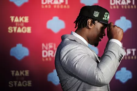 LAS VEGAS, NV - April 28, 2022 - Mississippi State Offensive Lineman Charles Cross participates in a media car wash after being drafted 9th overall in the 2022 NFL Draft at Caesars Forum in Las Vegas, NV. Photo By Austin Perryman