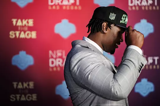 LAS VEGAS, NV - April 28, 2022 - Mississippi State Offensive Lineman Charles Cross participates in a media car wash after being drafted 9th overall in the 2022 NFL Draft at Caesars Forum in Las Vegas, NV. Photo By Austin Perryman