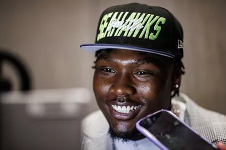 LAS VEGAS, NV - April 28, 2022 - Mississippi State Offensive Lineman Charles Cross participates in a media car wash after being drafted 9th overall in the 2022 NFL Draft at Caesars Forum in Las Vegas, NV. Photo By Austin Perryman