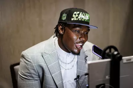 LAS VEGAS, NV - April 28, 2022 - Mississippi State Offensive Lineman Charles Cross participates in a media car wash after being drafted 9th overall in the 2022 NFL Draft at Caesars Forum in Las Vegas, NV. Photo By Austin Perryman