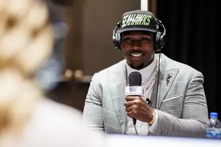 LAS VEGAS, NV - April 28, 2022 - Mississippi State Offensive Lineman Charles Cross participates in a media car wash after being drafted 9th overall in the 2022 NFL Draft at Caesars Forum in Las Vegas, NV. Photo By Austin Perryman