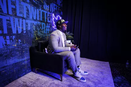 LAS VEGAS, NV - April 28, 2022 - Mississippi State Offensive Lineman Charles Cross participates in a media car wash after being drafted 9th overall in the 2022 NFL Draft at Caesars Forum in Las Vegas, NV. Photo By Austin Perryman