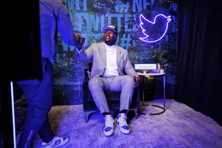 LAS VEGAS, NV - April 28, 2022 - Mississippi State Offensive Lineman Charles Cross participates in a media car wash after being drafted 9th overall in the 2022 NFL Draft at Caesars Forum in Las Vegas, NV. Photo By Austin Perryman