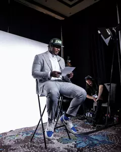 LAS VEGAS, NV - April 28, 2022 - Mississippi State Offensive Lineman Charles Cross participates in a media car wash after being drafted 9th overall in the 2022 NFL Draft at Caesars Forum in Las Vegas, NV. Photo By Austin Perryman