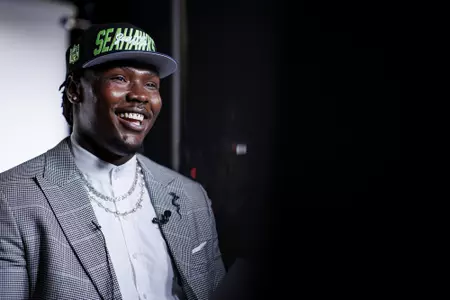 LAS VEGAS, NV - April 28, 2022 - Mississippi State Offensive Lineman Charles Cross participates in a media car wash after being drafted 9th overall in the 2022 NFL Draft at Caesars Forum in Las Vegas, NV. Photo By Austin Perryman