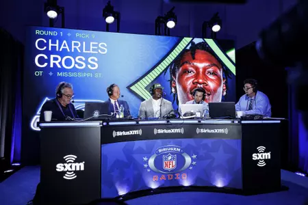 LAS VEGAS, NV - April 28, 2022 - Mississippi State Offensive Lineman Charles Cross participates in a media car wash after being drafted 9th overall in the 2022 NFL Draft at Caesars Forum in Las Vegas, NV. Photo By Austin Perryman