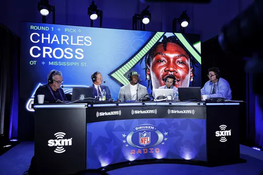 LAS VEGAS, NV - April 28, 2022 - Mississippi State Offensive Lineman Charles Cross participates in a media car wash after being drafted 9th overall in the 2022 NFL Draft at Caesars Forum in Las Vegas, NV. Photo By Austin Perryman