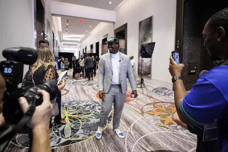 LAS VEGAS, NV - April 28, 2022 - Mississippi State Offensive Lineman Charles Cross participates in a media car wash after being drafted 9th overall in the 2022 NFL Draft at Caesars Forum in Las Vegas, NV. Photo By Austin Perryman