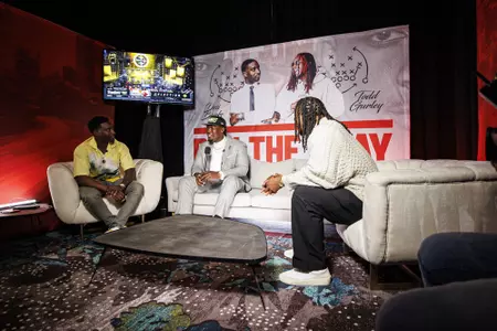 LAS VEGAS, NV - April 28, 2022 - Mississippi State Offensive Lineman Charles Cross participates in a media car wash after being drafted 9th overall in the 2022 NFL Draft at Caesars Forum in Las Vegas, NV. Photo By Austin Perryman