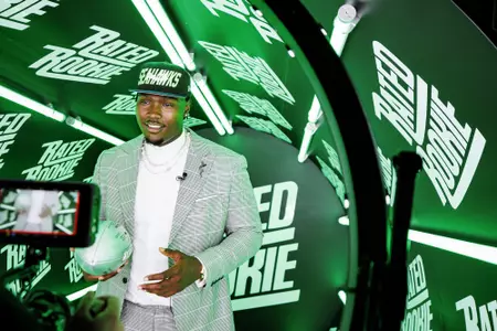 LAS VEGAS, NV - April 28, 2022 - Mississippi State Offensive Lineman Charles Cross participates in a media car wash after being drafted 9th overall in the 2022 NFL Draft at Caesars Forum in Las Vegas, NV. Photo By Austin Perryman
