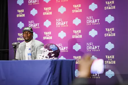 LAS VEGAS, NV - April 28, 2022 - Mississippi State Offensive Lineman Charles Cross participates in a media car wash after being drafted 9th overall in the 2022 NFL Draft at Caesars Forum in Las Vegas, NV. Photo By Austin Perryman