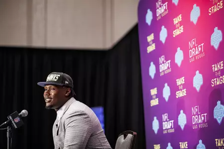 LAS VEGAS, NV - April 28, 2022 - Mississippi State Offensive Lineman Charles Cross participates in a media car wash after being drafted 9th overall in the 2022 NFL Draft at Caesars Forum in Las Vegas, NV. Photo By Austin Perryman