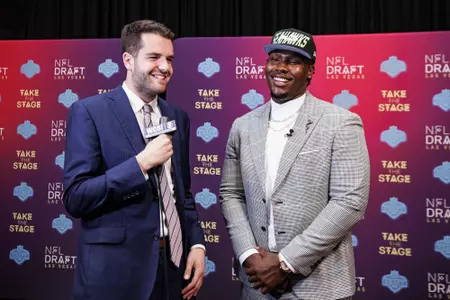 LAS VEGAS, NV - April 28, 2022 - Mississippi State Offensive Lineman Charles Cross participates in a media car wash after being drafted 9th overall in the 2022 NFL Draft at Caesars Forum in Las Vegas, NV. Photo By Austin Perryman