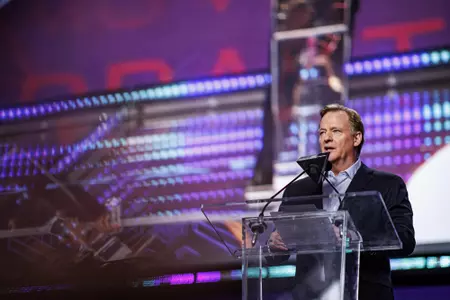 LAS VEGAS, NV - April 28, 2022 - NFL Commissioner Roger Goodell speaks at the podium on stage during the 2022 NFL Draft at Caesars Forum in Las Vegas, NV. Photo By Austin Perryman
