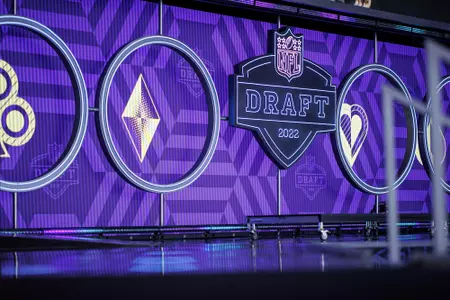 LAS VEGAS, NV - April 28, 2022 - NFL Draft graphics are shown on stage before the 2022 NFL Draft at Caesars Forum in Las Vegas, NV. Photo By Austin Perryman