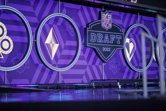 LAS VEGAS, NV - April 28, 2022 - NFL Draft graphics are shown on stage before the 2022 NFL Draft at Caesars Forum in Las Vegas, NV. Photo By Austin Perryman