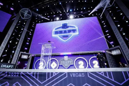 LAS VEGAS, NV - April 28, 2022 - NFL Draft graphics are shown on stage before the 2022 NFL Draft at Caesars Forum in Las Vegas, NV. Photo By Austin Perryman